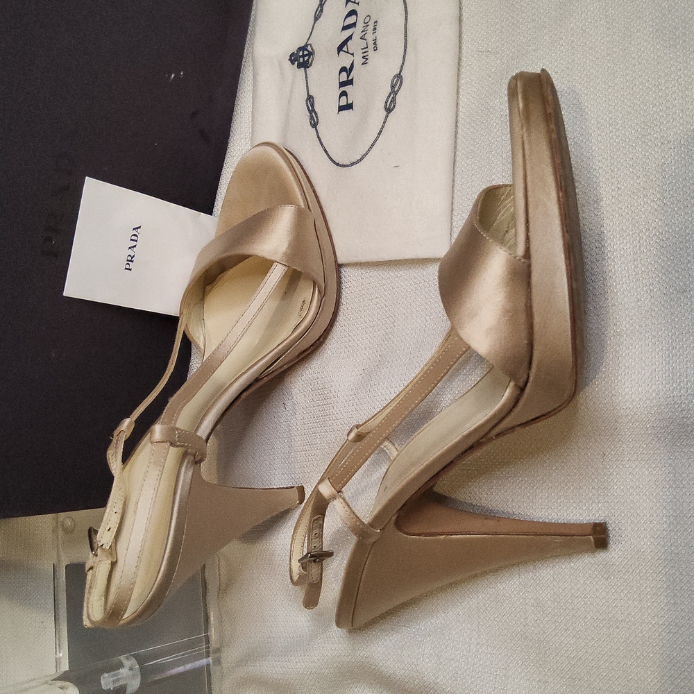 Prada Raso Sabbia champagne satin platform peep toe sandals pumps heels shoes - Picture 7 of 9